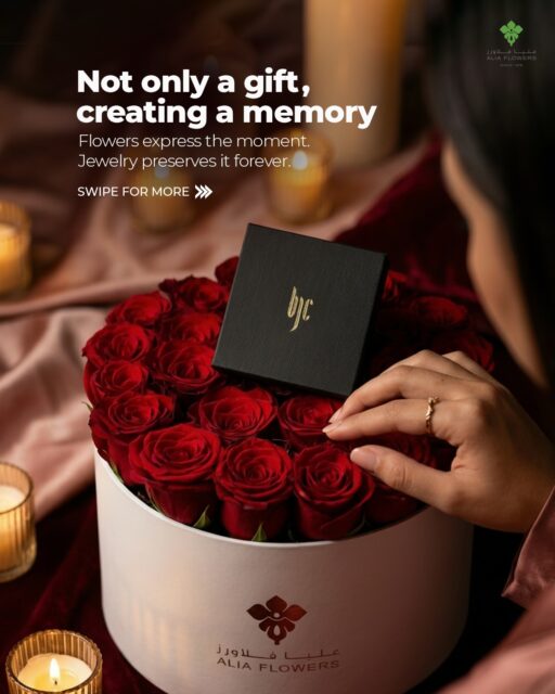 Not only a gift, you are creating a memory…

This Valentine’s, say it with blooms that touch the heart and jewelry that lasts forever.
Surprise them with an Alia Flowers rose box paired with a Bahrain Jewellery Centre piece for a moment they’ll never forget.

Make your Valentine’s surprise more valuable with Alia Flowers.

#BJC #aliaflowers #Valentines #Valentinesgift #bahraingift